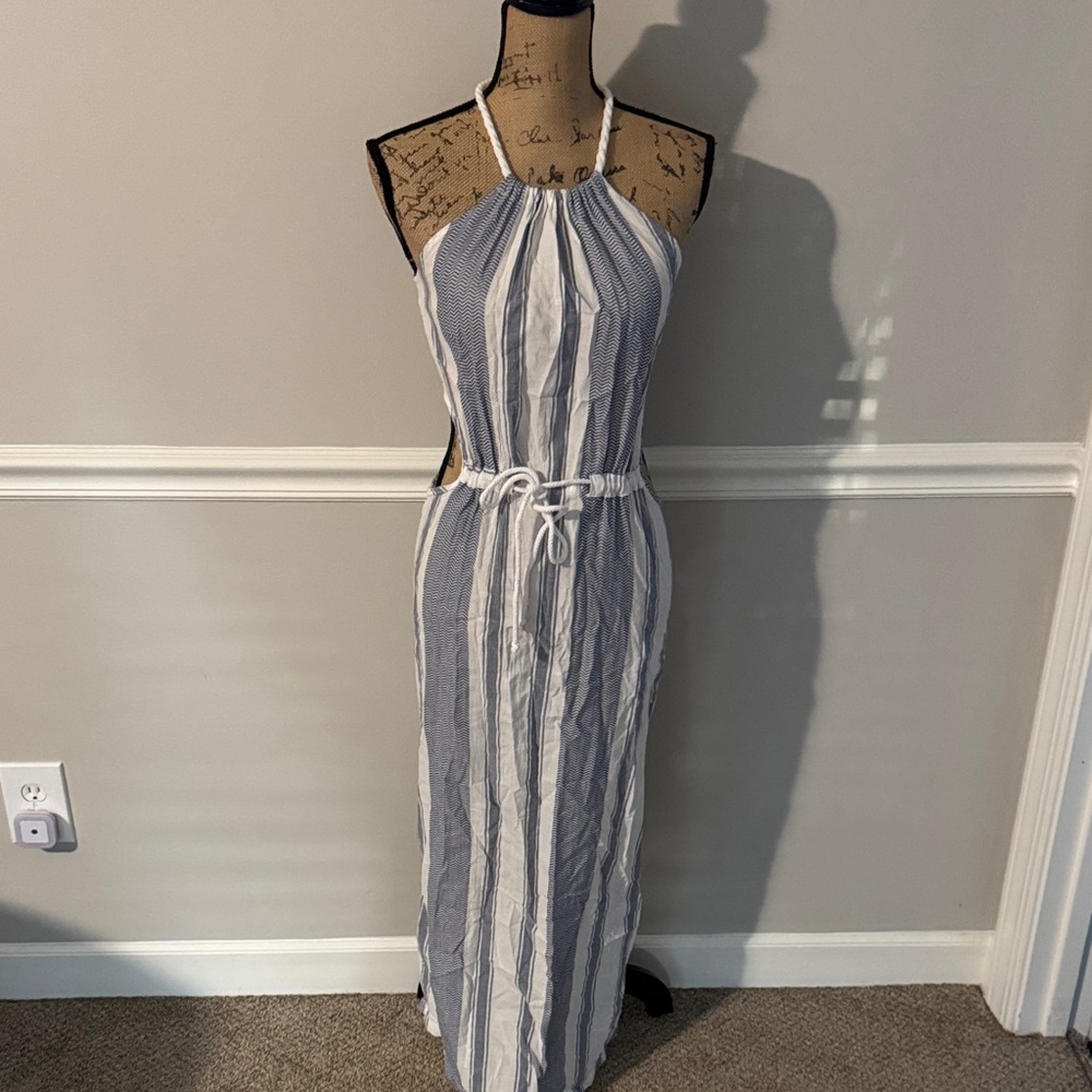 Chic Striped Halter Maxi Dress - Blue and White